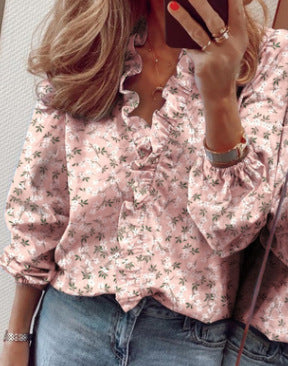 New Style Long-Sleeved Blouse With Ruffled Pineapple Print Shirt For Women