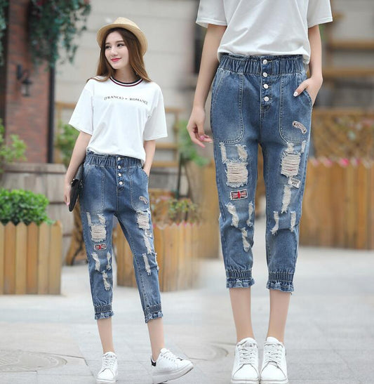 Fashionable Simple Loose Drawstring High Waist Jeans For Women
